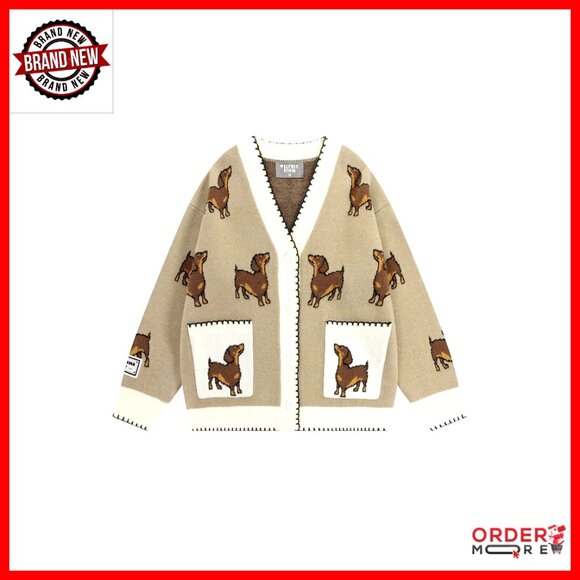 Oversized V-Neck Cardigan with Dachshund Jacquard Button Front Pockets